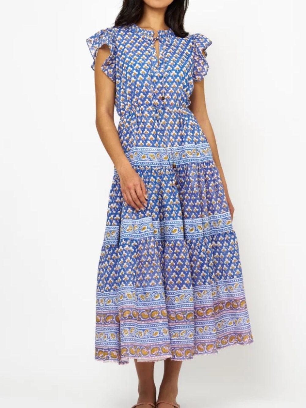 Oliphant Purple Block Print Tiered Maxi Dress Flutter Sleeve XXL